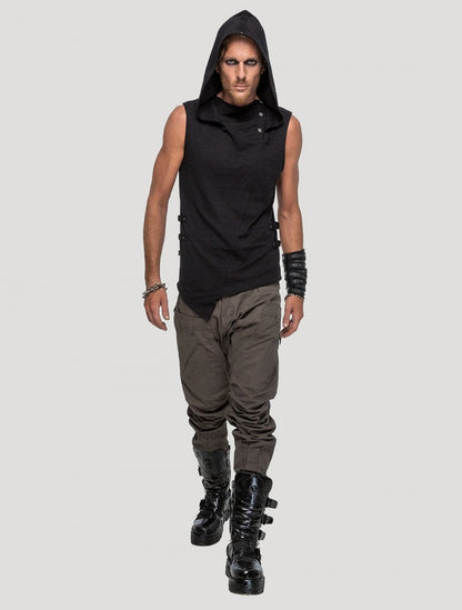 Slashed Sleeveless Hooded Tee In Black