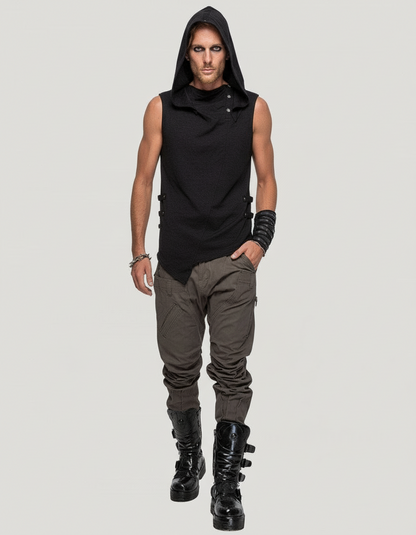 Slashed Sleeveless Hooded Tee In Black