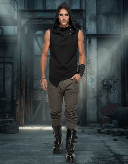 Slashed Sleeveless Hooded Tee In Black