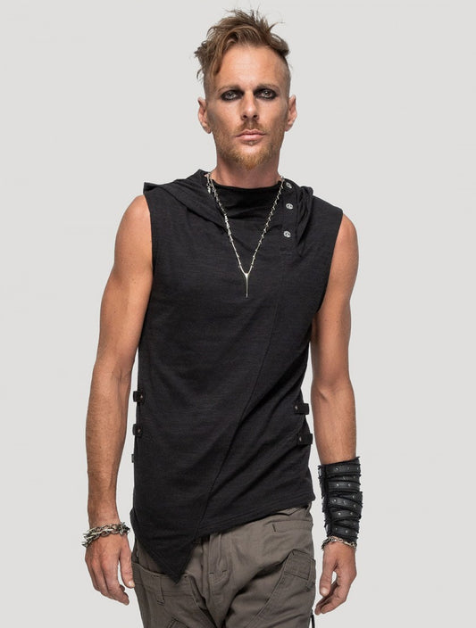Slashed Sleeveless Hooded Tee In Black