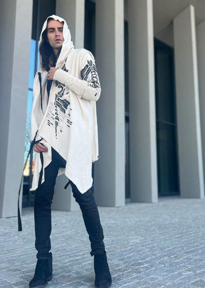 DELTA UNISEX Hood Cardigan Duster In Off-White