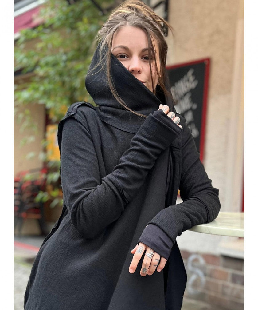 CRIME WO Long Sleeve Hooded Duster Cardigan In Black