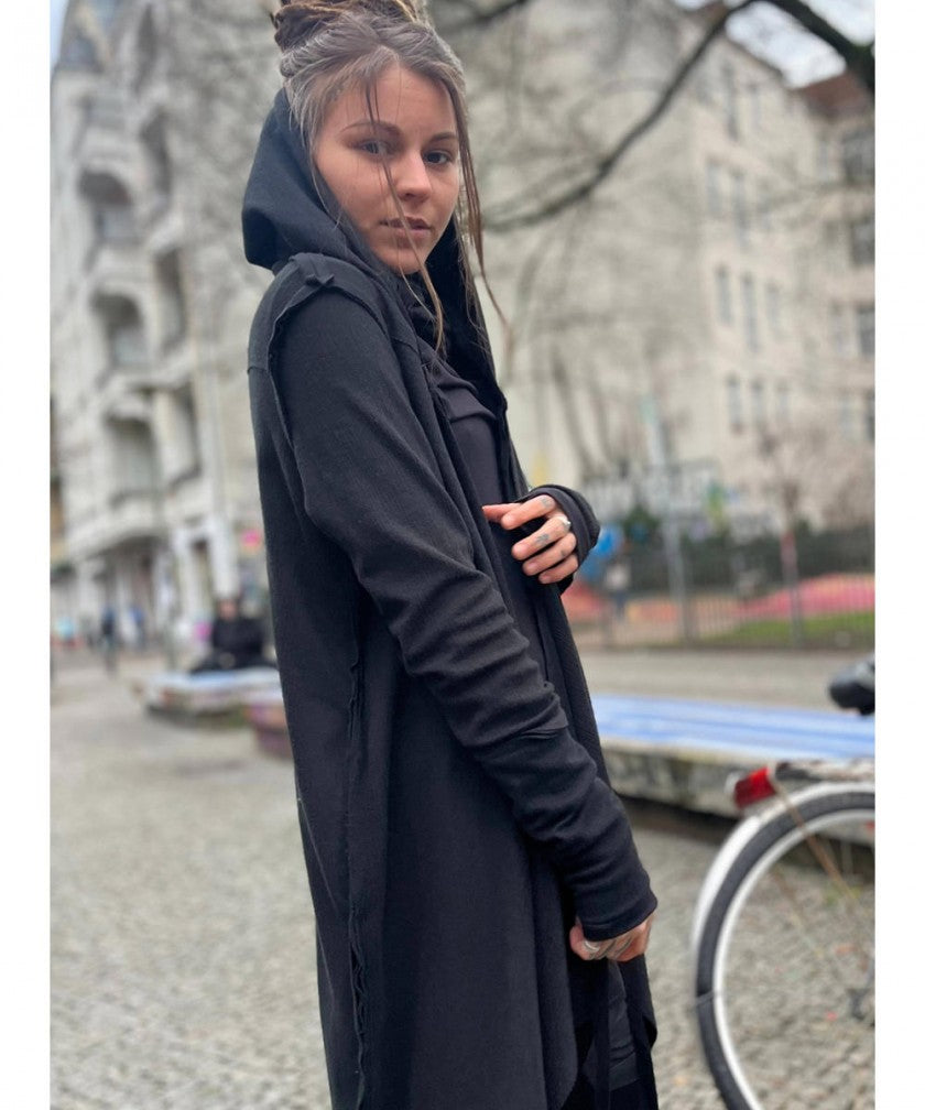 CRIME WO Long Sleeve Hooded Duster Cardigan In Black