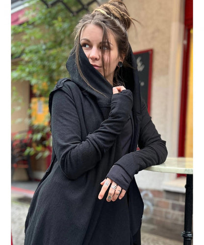 CRIME WO Long Sleeve Hooded Duster Cardigan In Black