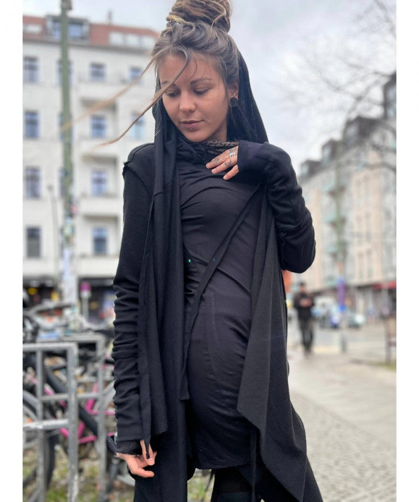 CRIME WO Long Sleeve Hooded Duster Cardigan In Black