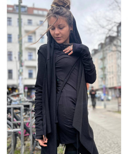 CRIME WO Long Sleeve Hooded Duster Cardigan In Black