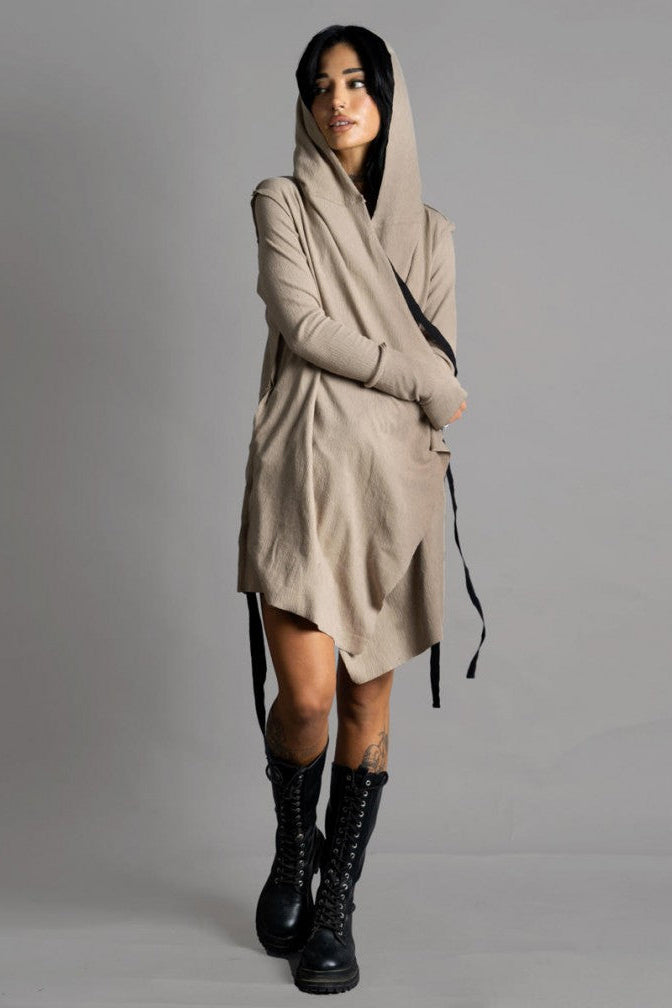 CRIME WO Long Sleeve Hooded Duster Cardigan In Beige