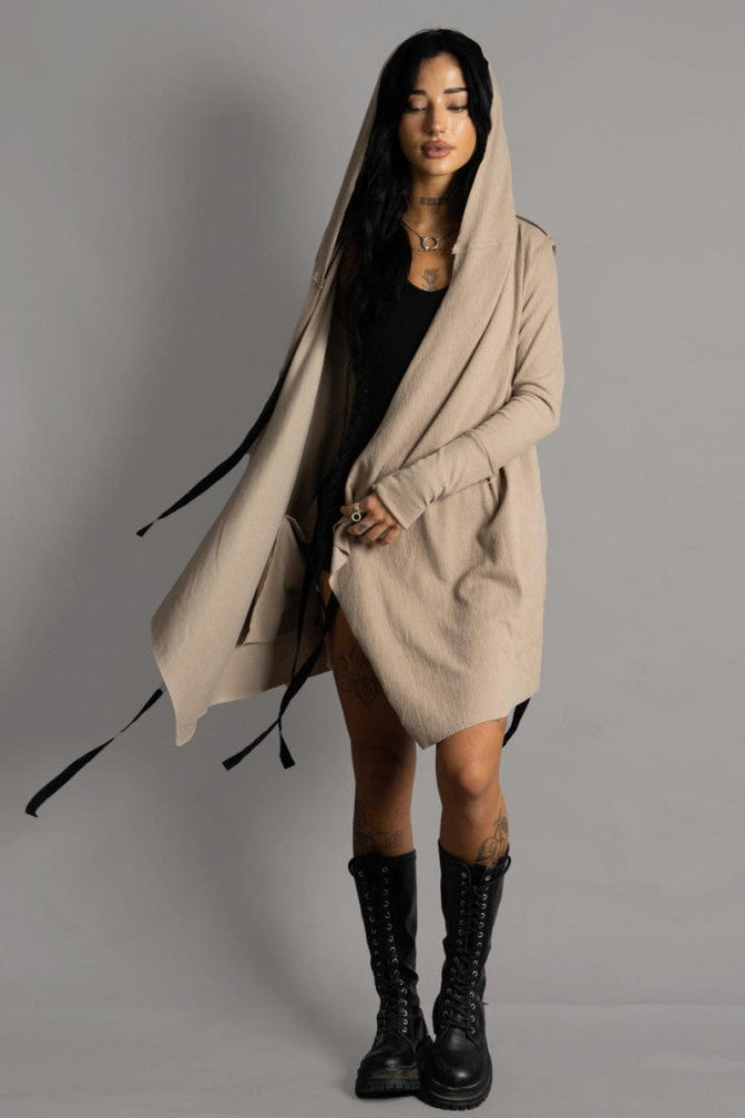 CRIME WO Long Sleeve Hooded Duster Cardigan In Beige