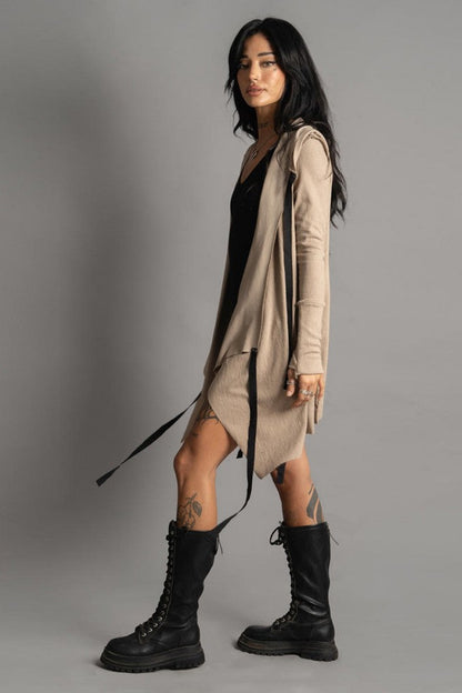 CRIME WO Long Sleeve Hooded Duster Cardigan In Beige