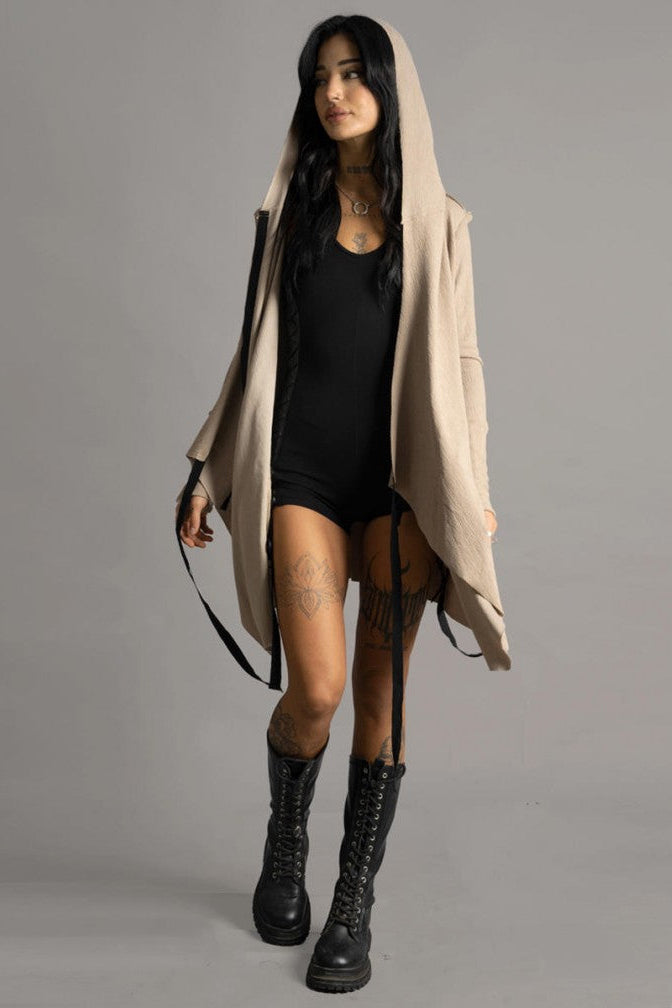 CRIME WO Long Sleeve Hooded Duster Cardigan In Beige