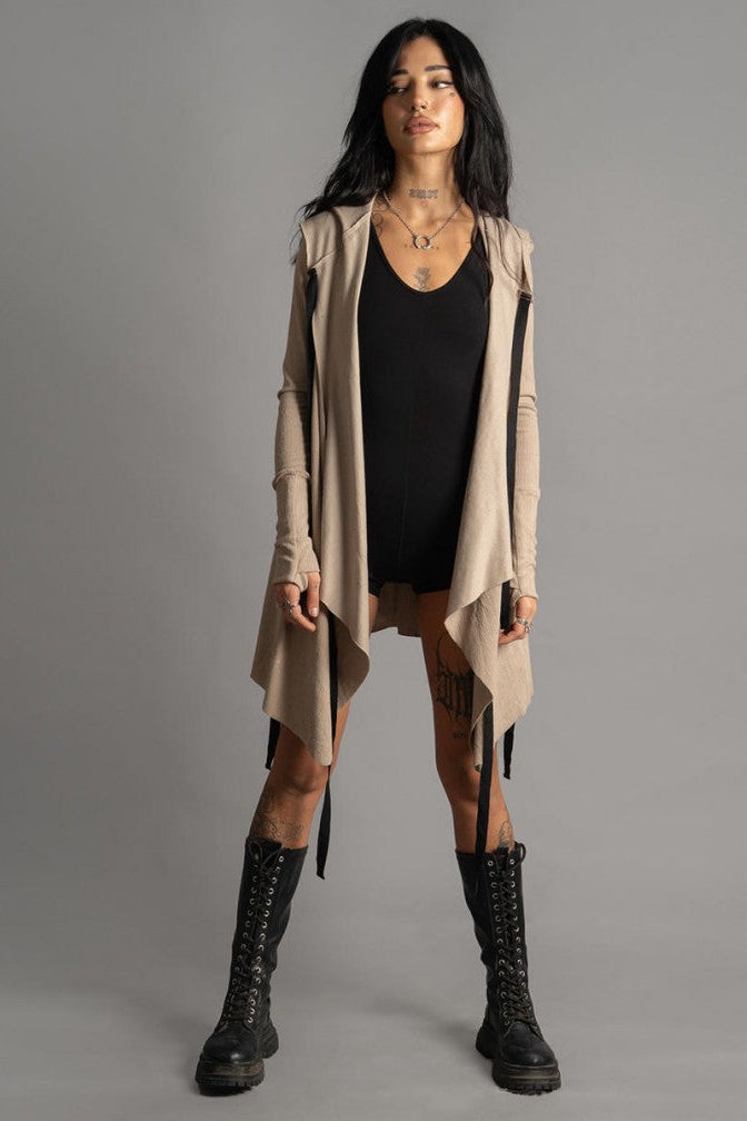 CRIME WO Long Sleeve Hooded Duster Cardigan In Beige