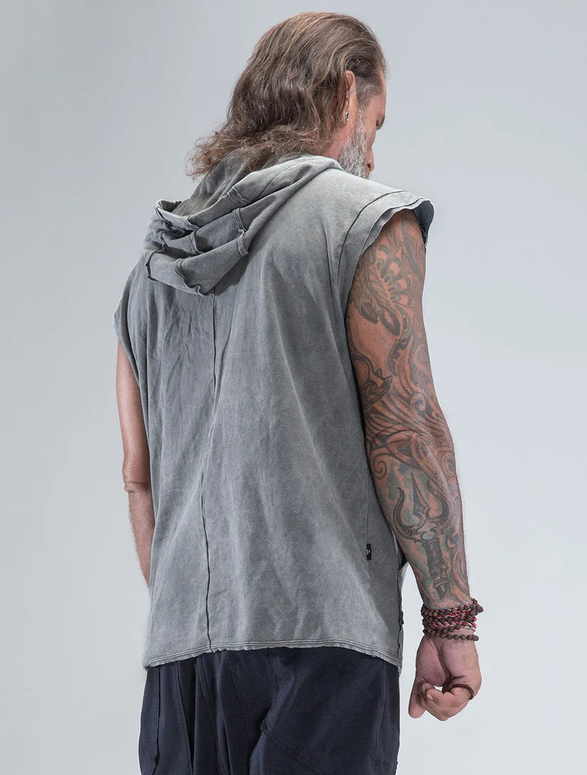 RHINO Sleeveless Baggy Hoodie Sweatshirt In Washed Olive