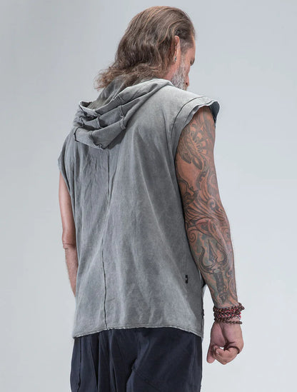 RHINO Sleeveless Baggy Hoodie Sweatshirt In Washed Olive