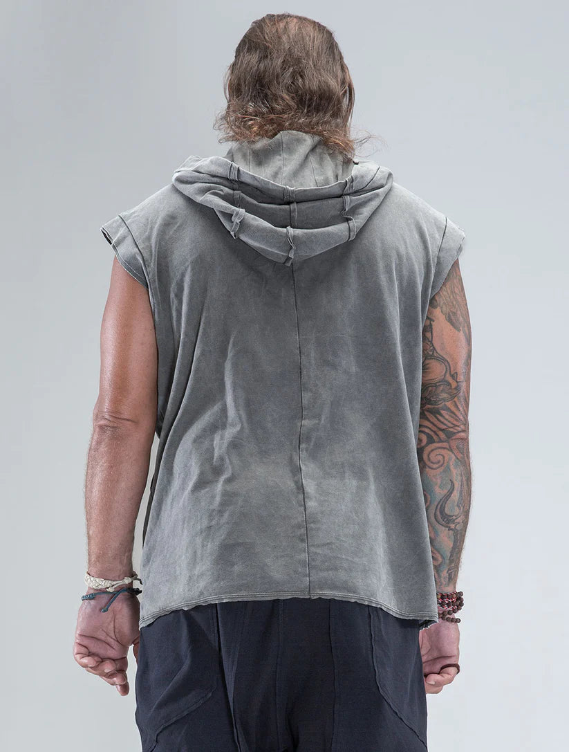 RHINO Sleeveless Baggy Hoodie Sweatshirt In Washed Olive