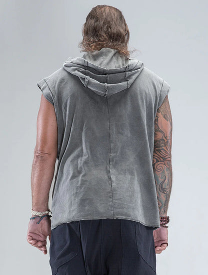 RHINO Sleeveless Baggy Hoodie Sweatshirt In Washed Olive