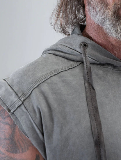 RHINO Sleeveless Baggy Hoodie Sweatshirt In Washed Olive