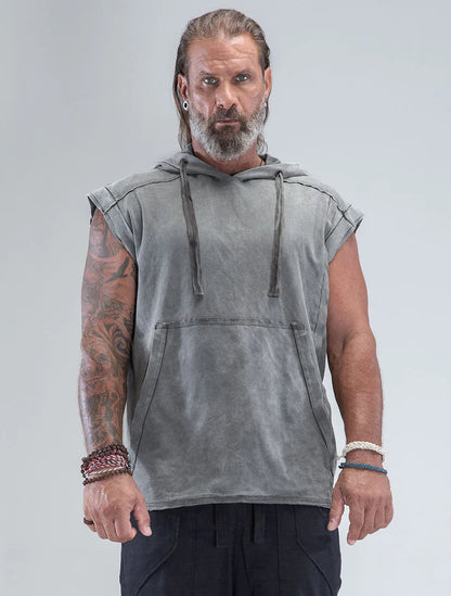 RHINO Sleeveless Baggy Hoodie Sweatshirt In Washed Olive