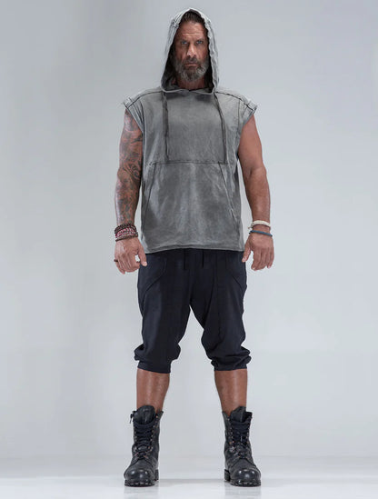 RHINO Sleeveless Baggy Hoodie Sweatshirt In Washed Olive