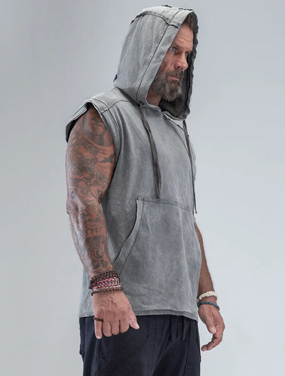 RHINO Sleeveless Baggy Hoodie Sweatshirt In Washed Olive