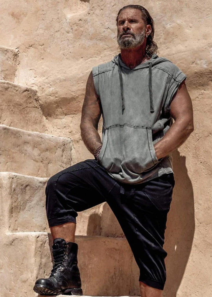 RHINO Sleeveless Baggy Hoodie Sweatshirt In Washed Olive