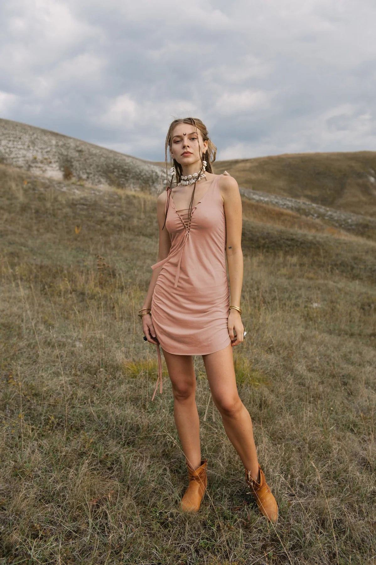 Suede Nude Mini Boho Dress