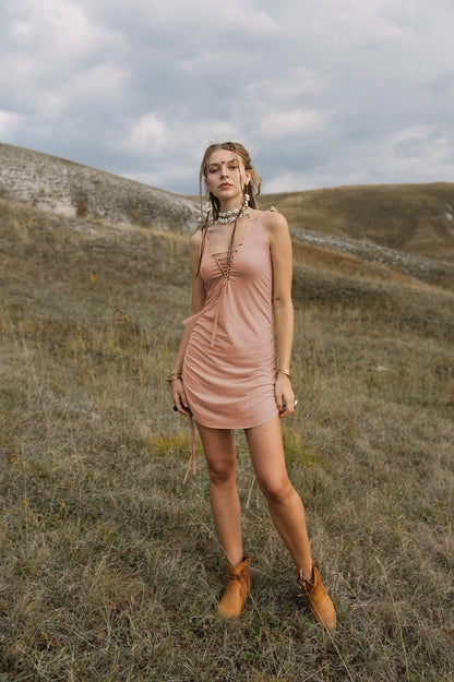 Suede Nude Mini Boho Dress