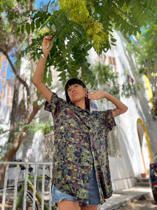 FUNTASM JUNGLE Short Sleeve Botton Shirt In Yellow