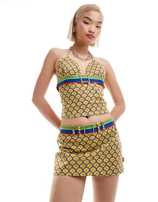 Elsie & Fred Y2K Print Micro Mini Skirt With Buckle Detail