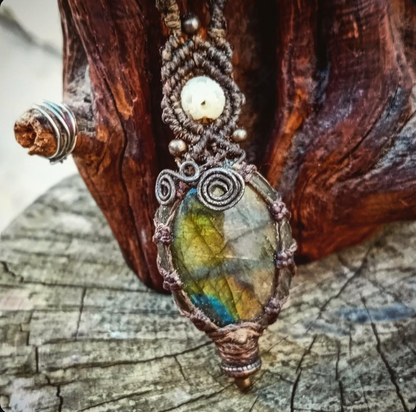 Labradorite Pendant with Bone & Deer Hair Necklace