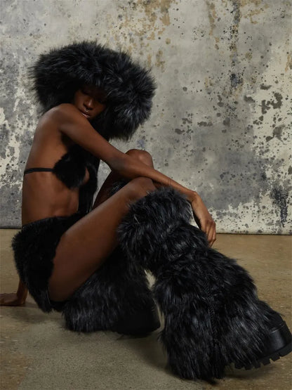 Faux Fur ribbed Leg Warmers - Black