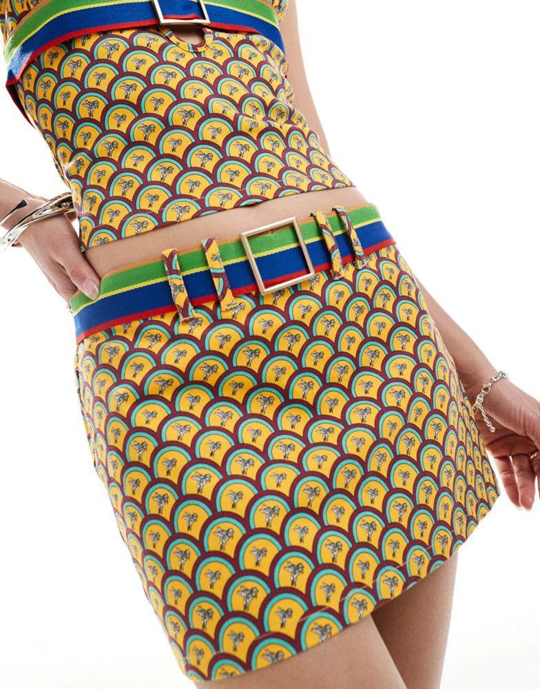 Elsie & Fred Y2K Print Micro Mini Skirt With Buckle Detail