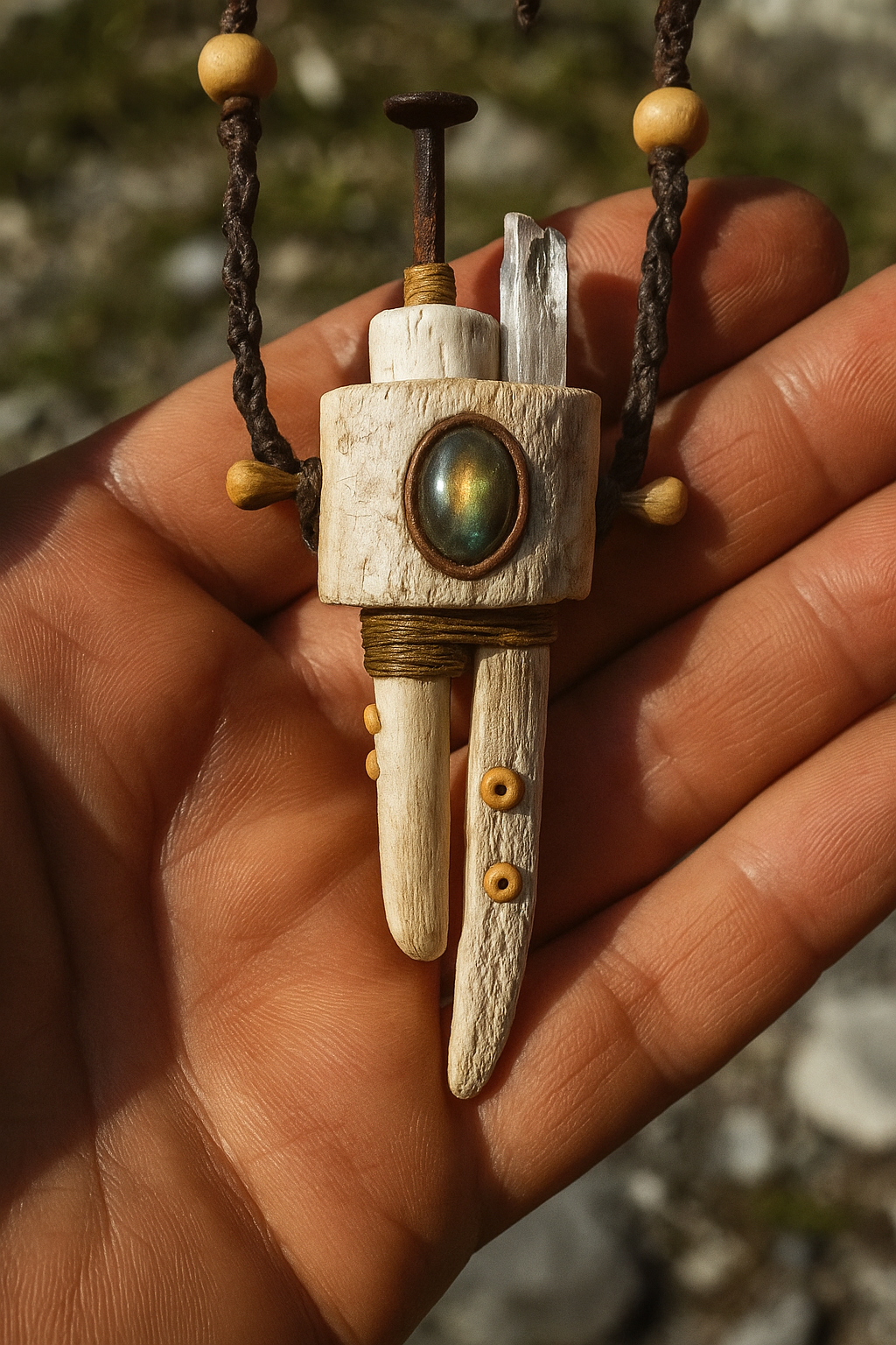 Tribal Amulet Necklace – Labradorite, Aquamarine & Bone