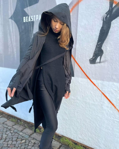 CRIME WO Long Sleeve Hooded Duster Cardigan In Black