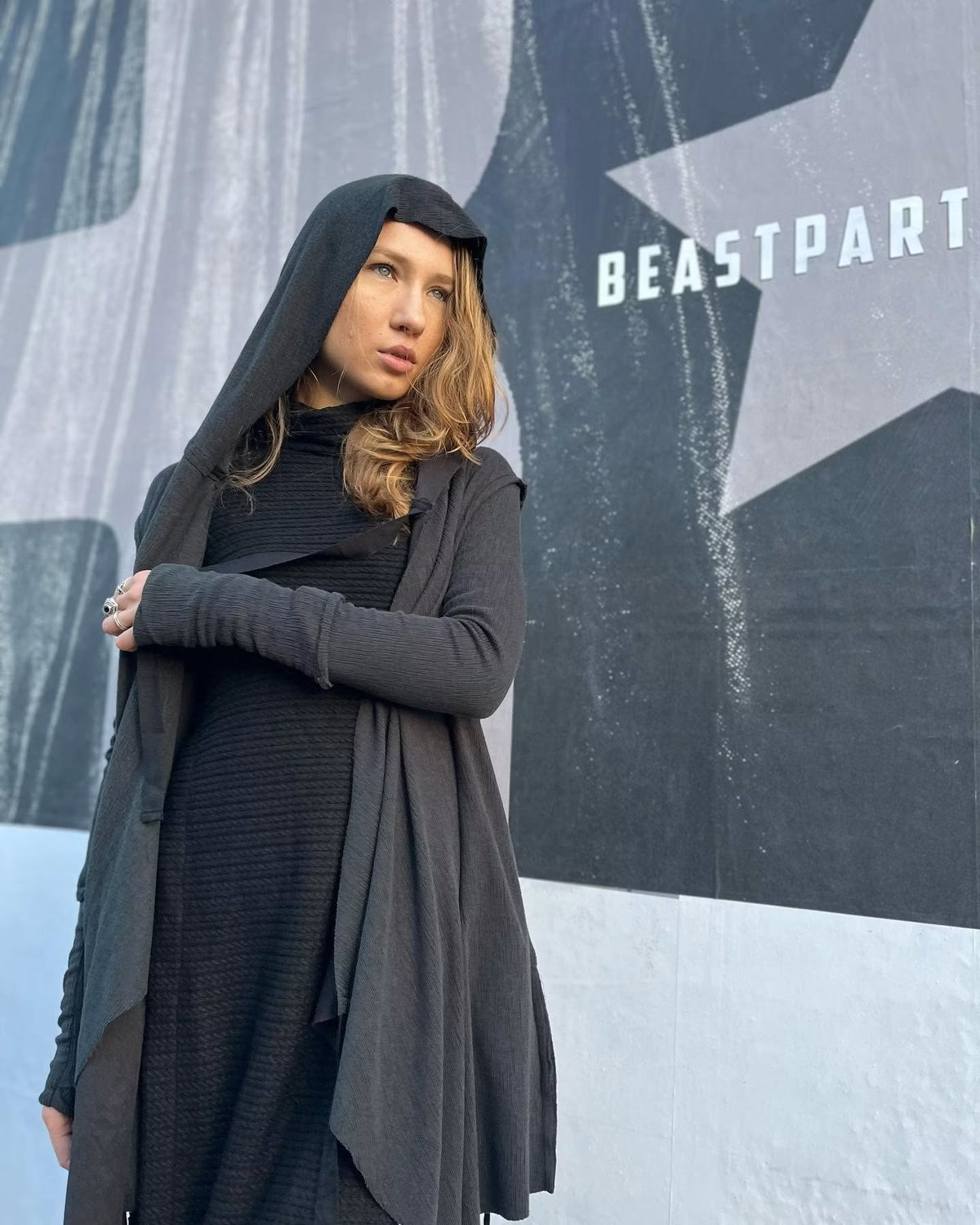 CRIME WO Long Sleeve Hooded Duster Cardigan In Black