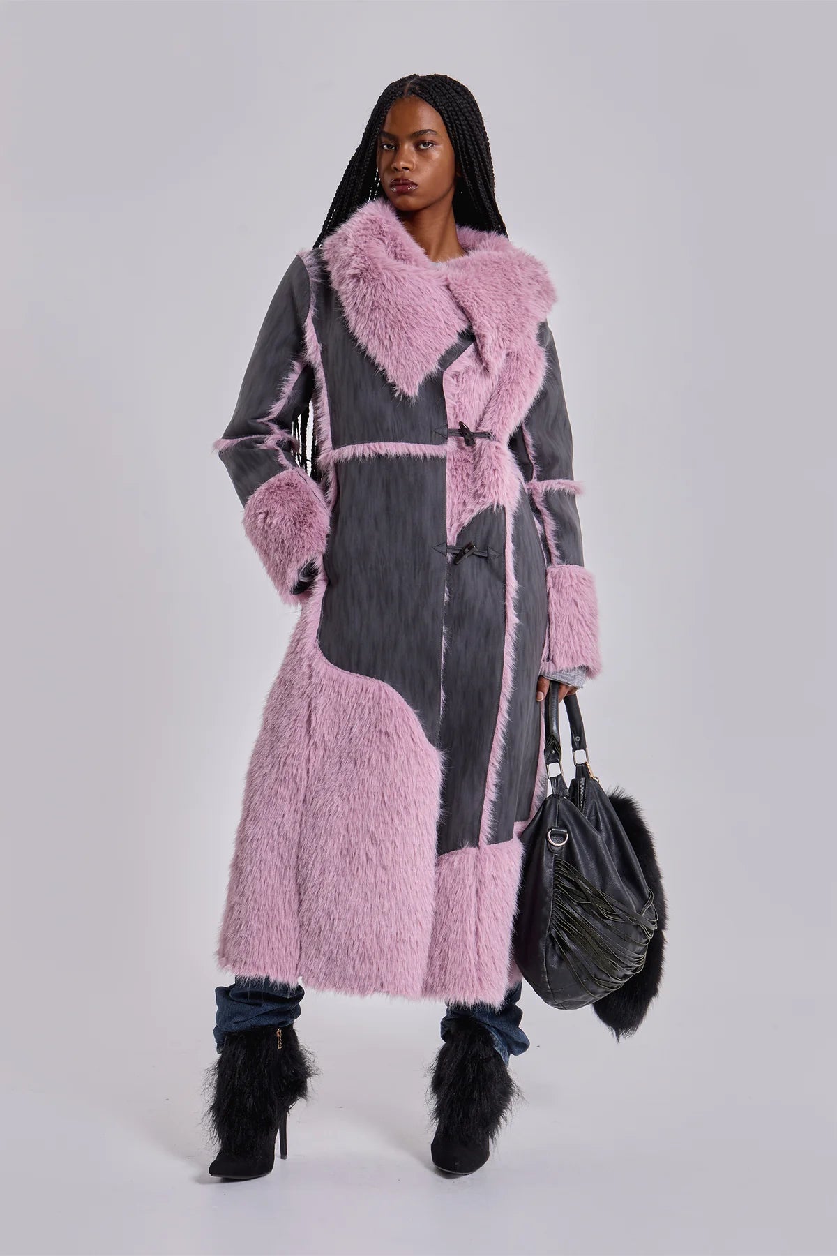 ALISE PATCHWORK Faux Suede & Fur Maxi Coat