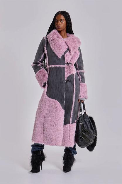 ALISE PATCHWORK Faux Suede & Fur Maxi Coat