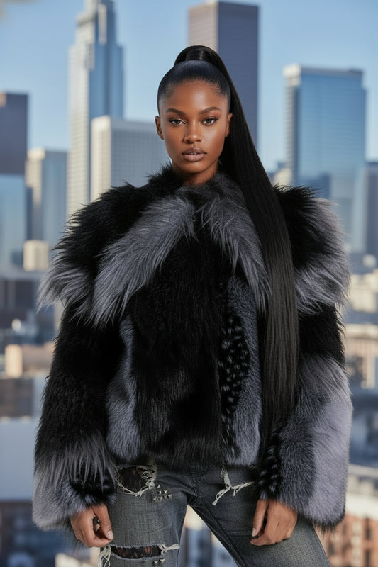 Nomad Luxe Patchwork Faux Fur Coat – Black