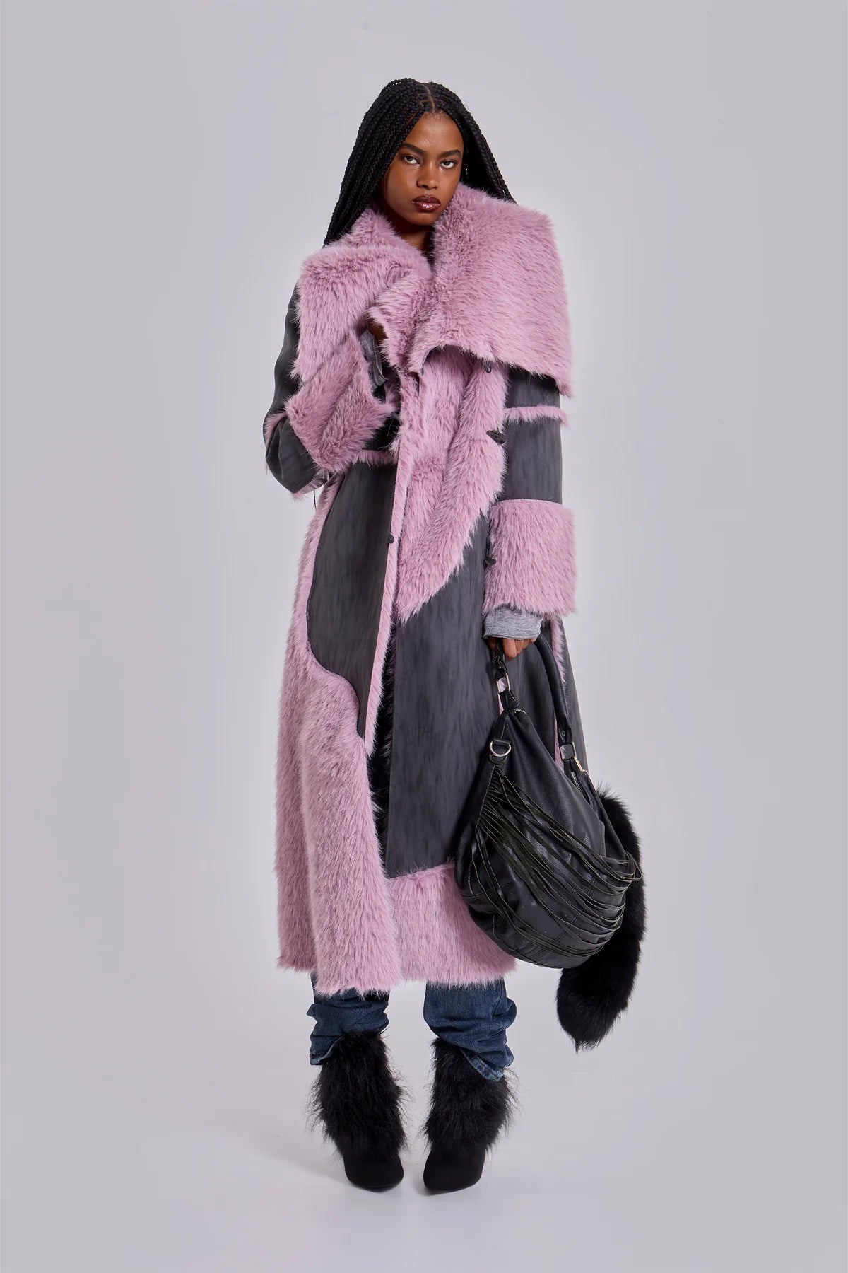 ALISE PATCHWORK Faux Suede & Fur Maxi Coat