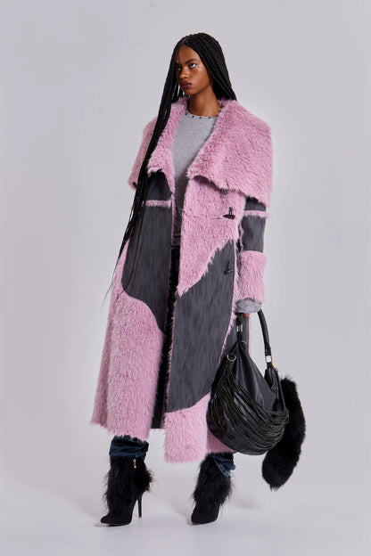 ALISE PATCHWORK Faux Suede & Fur Maxi Coat