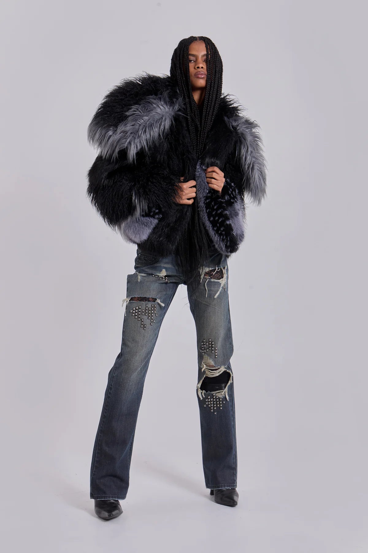 Nomad Luxe Patchwork Faux Fur Coat – Black