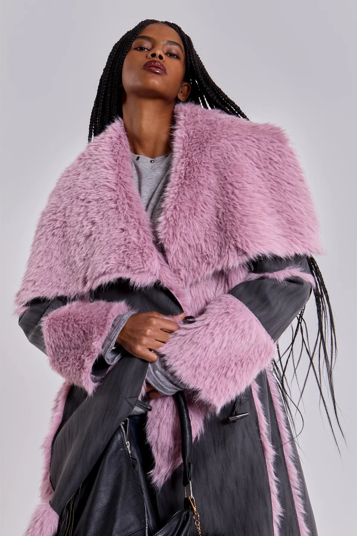 ALISE PATCHWORK Faux Suede & Fur Maxi Coat