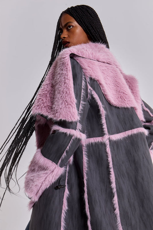 ALISE PATCHWORK Faux Suede & Fur Maxi Coat