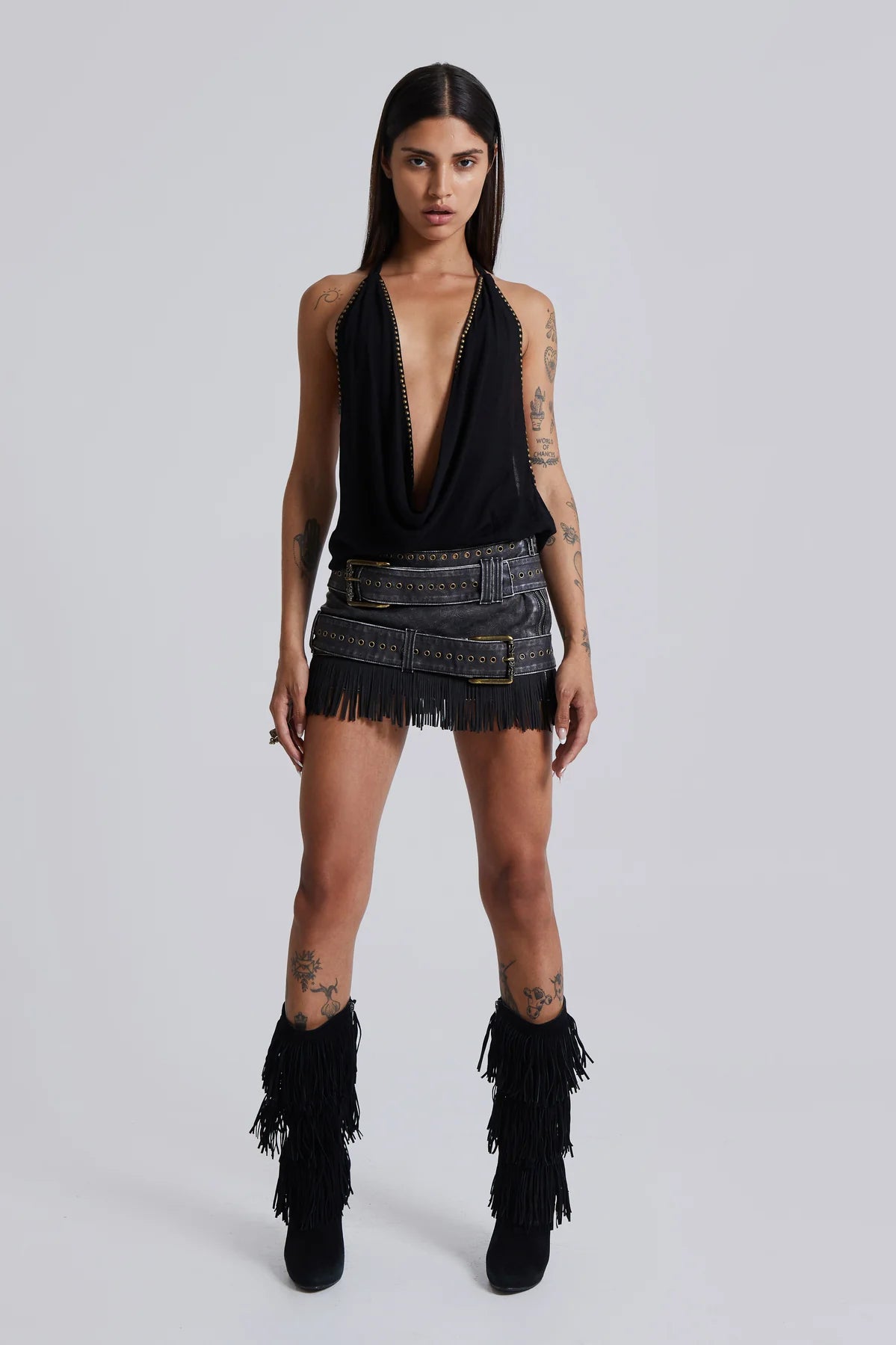 Desert Fringe Mini Skirt – Washed Faux Leather