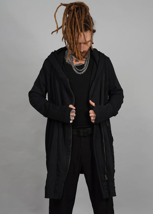 CUTSY Unisex Hooded Long Jacket In Black
