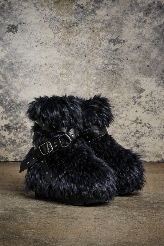 Low Faux Fur Buckle Straps Boots - Black