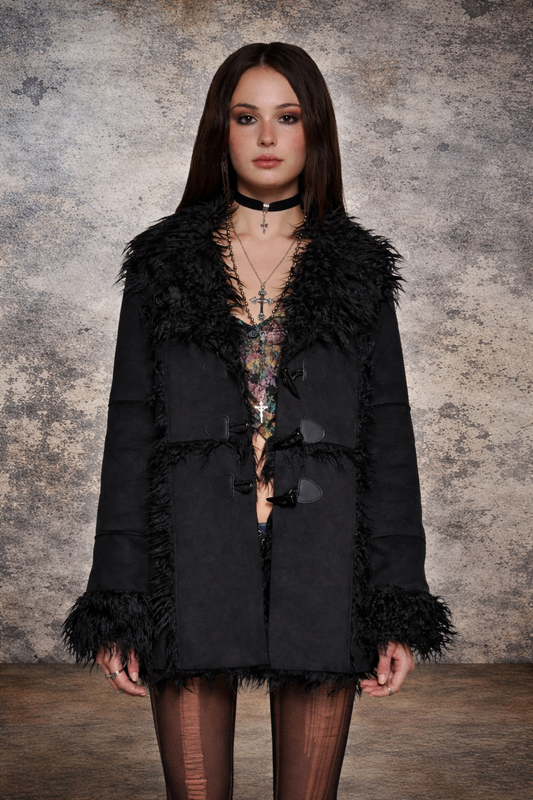 Suede Toggle Fur Coat — Black
