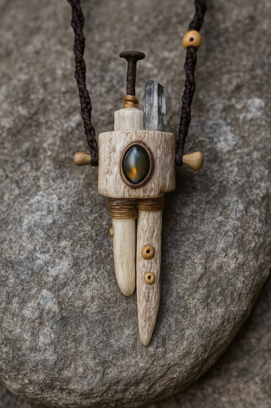 Tribal Amulet Necklace – Labradorite, Aquamarine & Bone