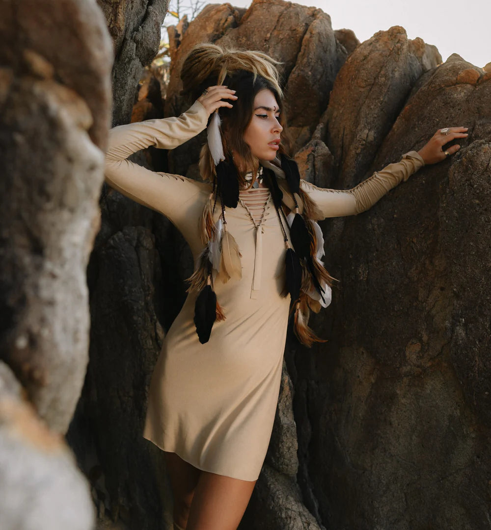 Pixie Light Beige Mini Dress With long Sleeves