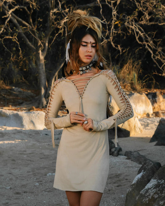 Pixie Light Beige Mini Dress With long Sleeves