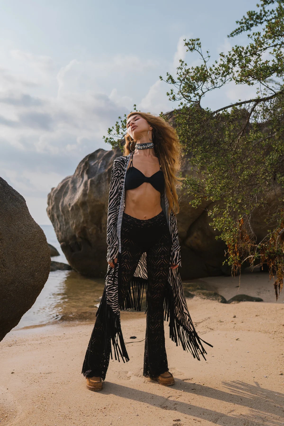 Suede Black and White Print Cardigan Decorated with Fringe